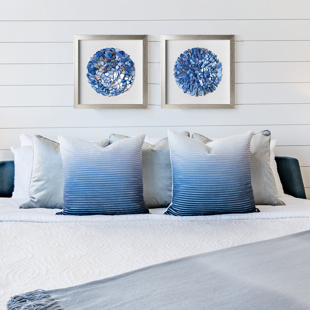 Coryell Blue Seashell Mosaic Wall Art Set with Champagne Silver Frame - Handcrafted 2 Piece Coastal Decor